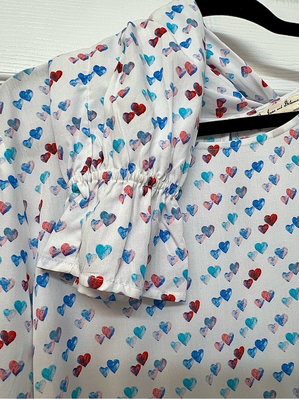 Women's White Multi-Colored Heart Long Sleeve Peplum Top - Picture 5 of 5
